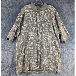 Bugle Boy Company Mens XXL Tropical Pineapple Palm Tree Polo Shirt Olive Green